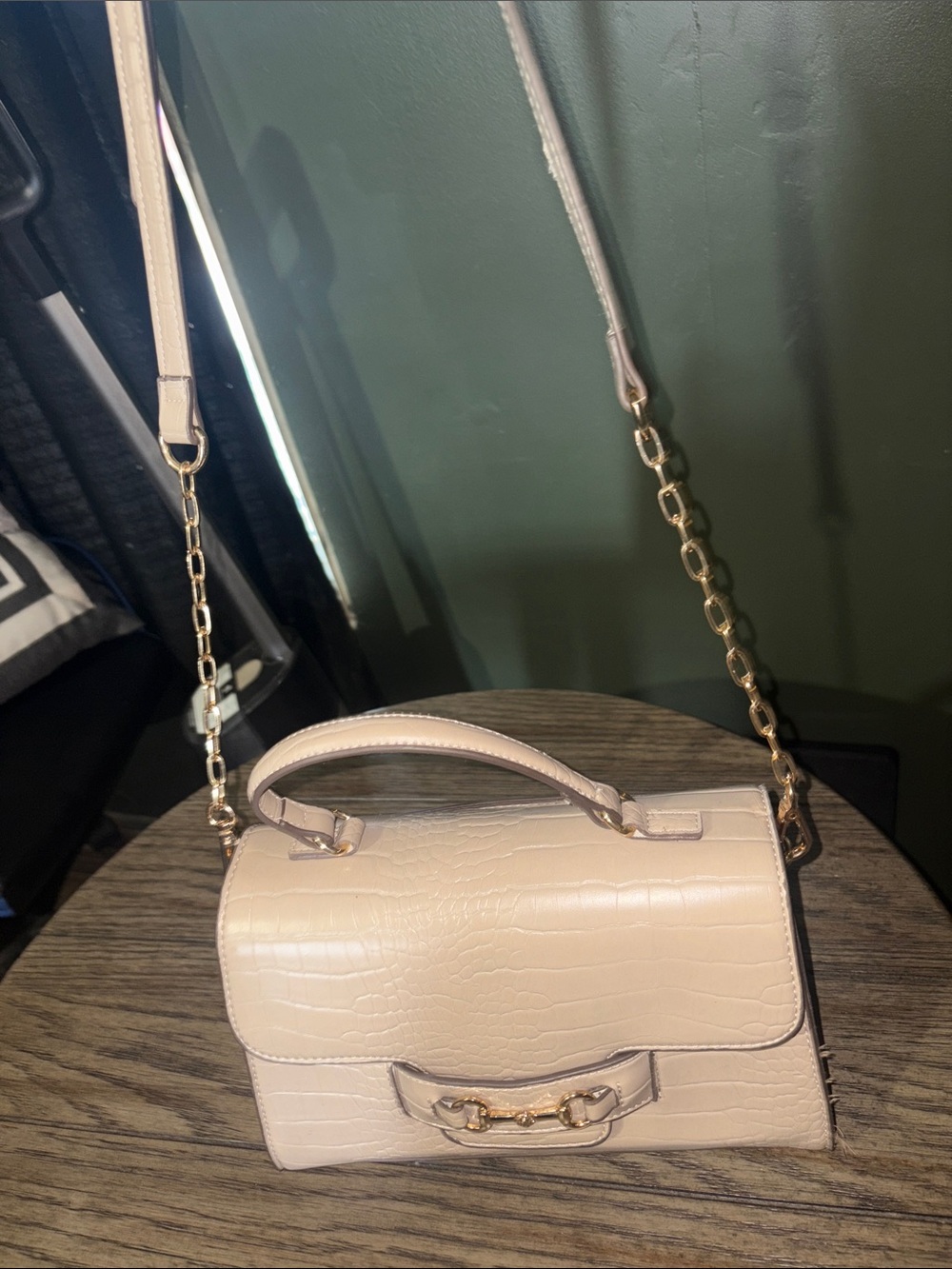 Anne Klein Croc-Embossed Top Handle Crossbody in Light Beige with Gold Hardware